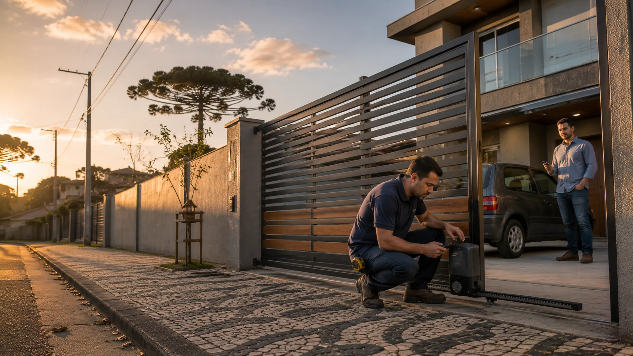 Instalação de portão automático em residência em Curitiba ao fim de tarde — equipe própria CuritibaPortão