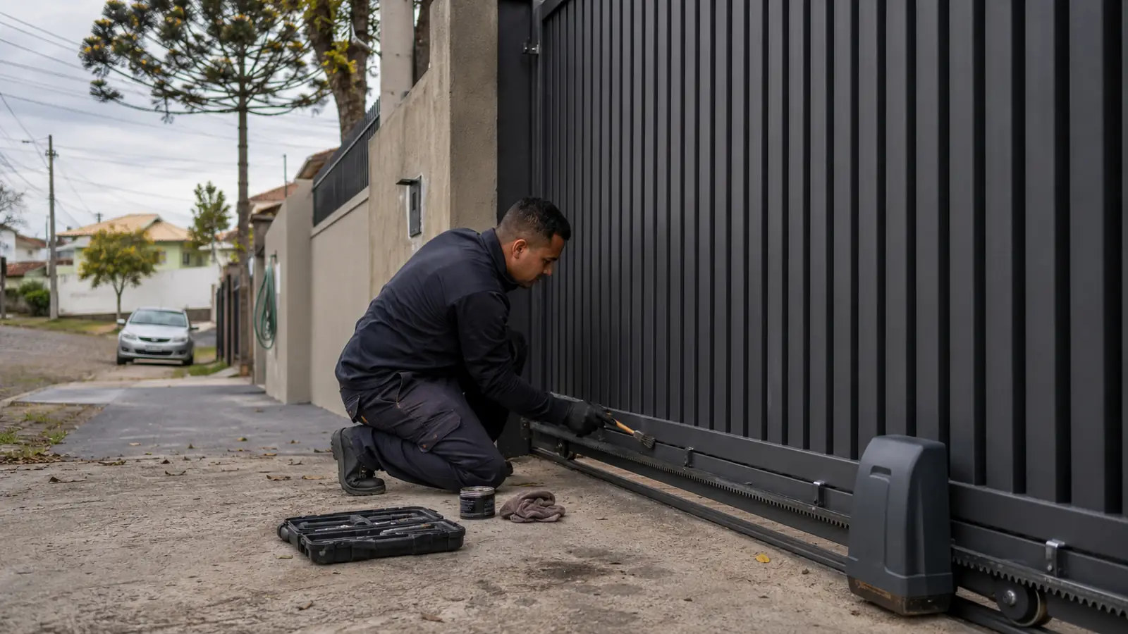 Técnico da CuritibaPortão em manutenção preventiva de portão automático em Curitiba, conferindo a central do motor