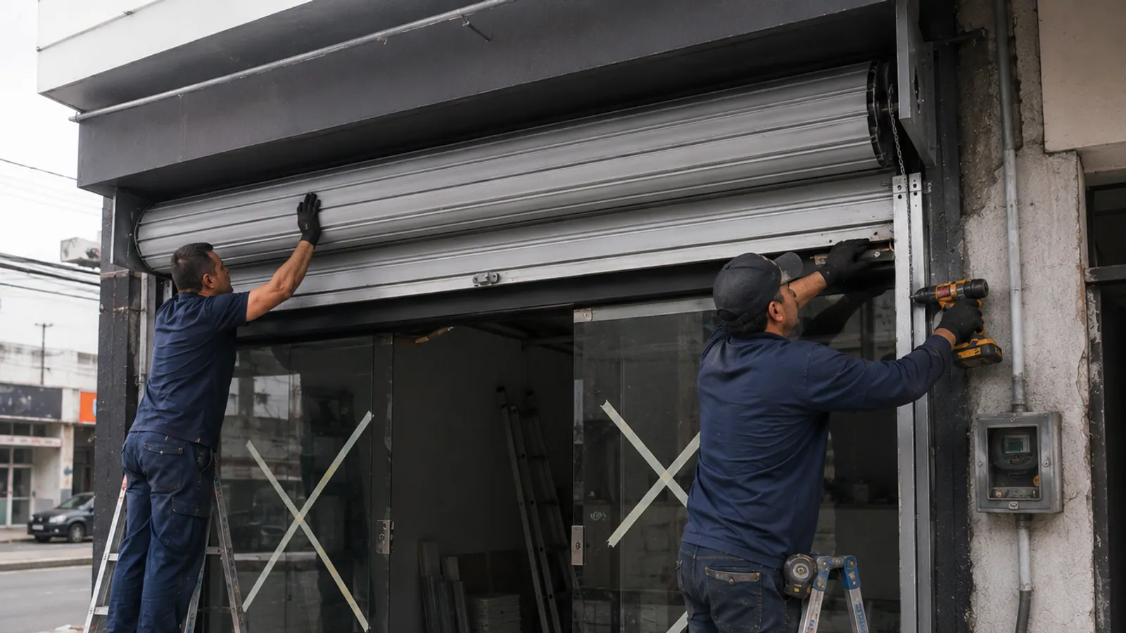 Dois instaladores CuritibaPortão montando porta de enrolar comercial em loja em Curitiba