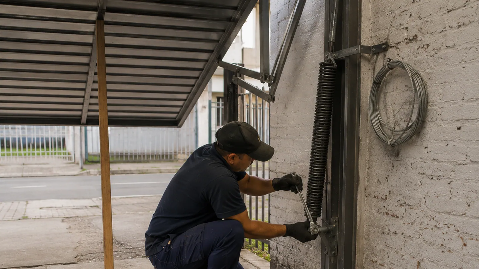 Técnico ajustando mola de contrapeso de portão basculante em instalação em Curitiba