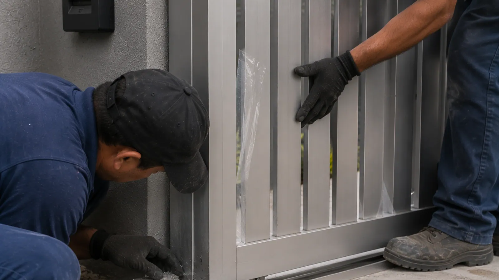 Dois instaladores alinhando painel de portão de alumínio no trilho em residência em Curitiba