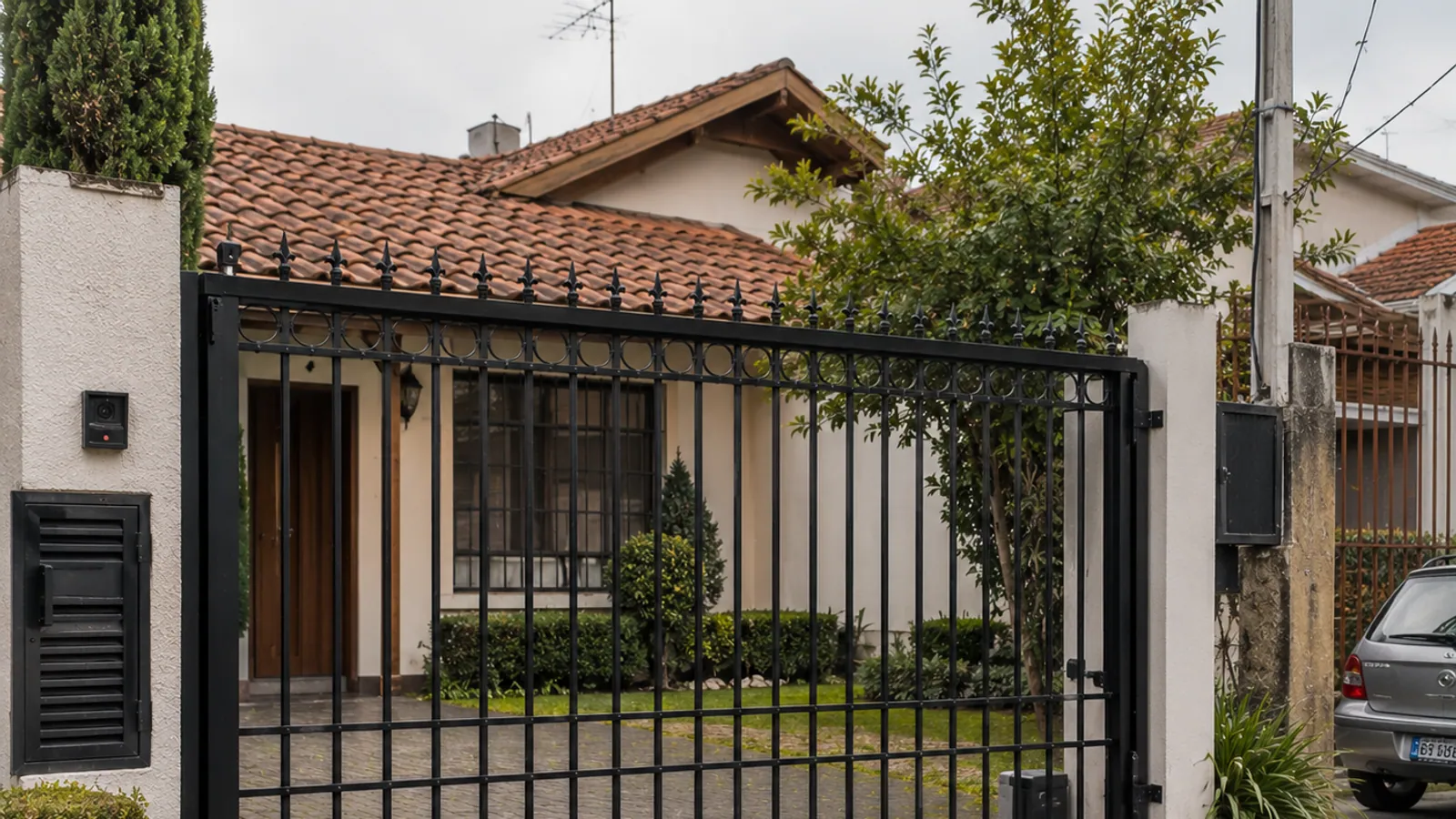 Portão de ferro preto com lanças decorativas em casa tradicional em Curitiba