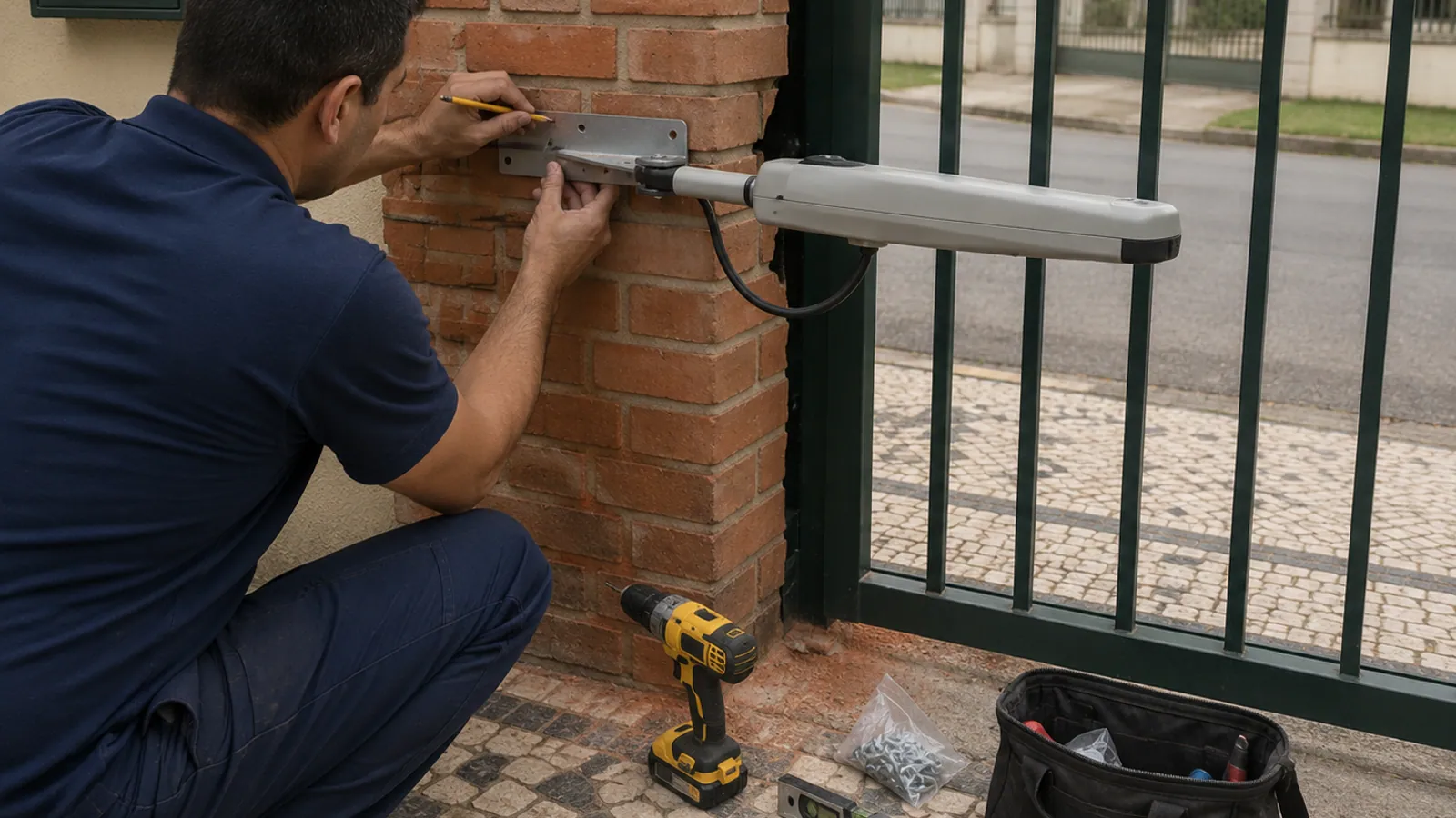 Instalador CuritibaPortão fixando suporte do braço do portão eletrônico em coluna de tijolo em Curitiba