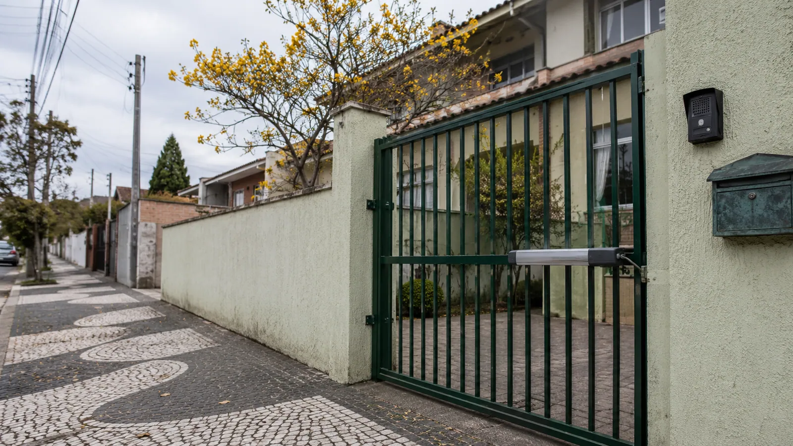 Portão eletrônico de uma folha com automatizador linear instalado em casa em Curitiba