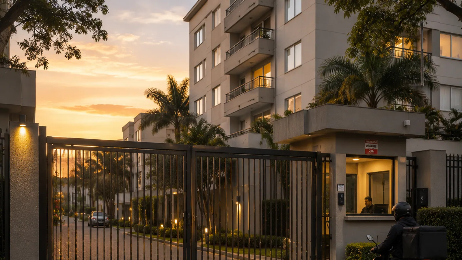 Portão de acesso a condomínio residencial em Curitiba no final de tarde com guarita iluminada