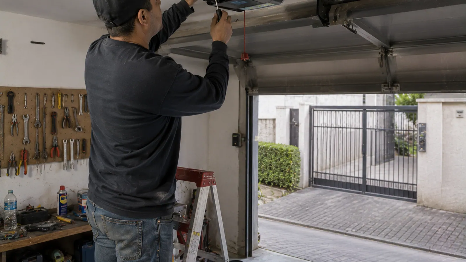 Instalador em escada ajustando fim de curso do motor de portão de garagem em Curitiba