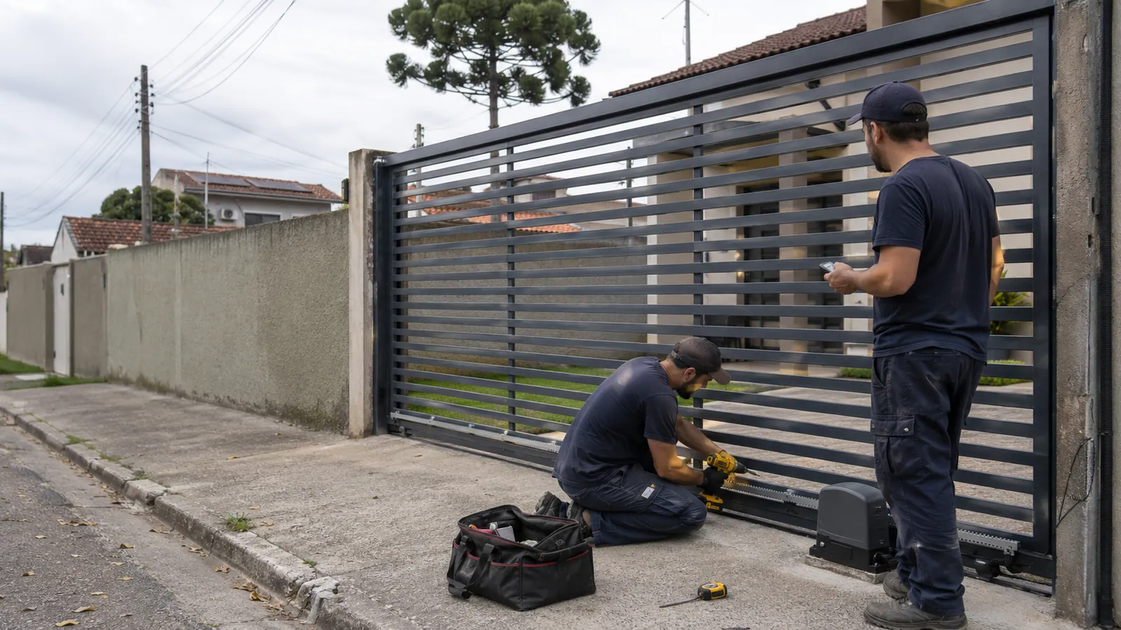 Equipe própria CuritibaPortão instalando motor de portão automático em residência em Curitiba