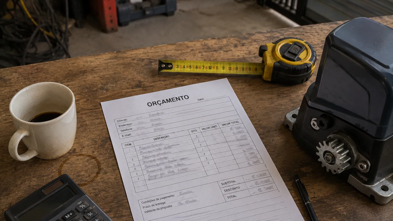 Orçamento impresso de portão automático em Curitiba com calculadora, trena e amostra de motor sobre bancada